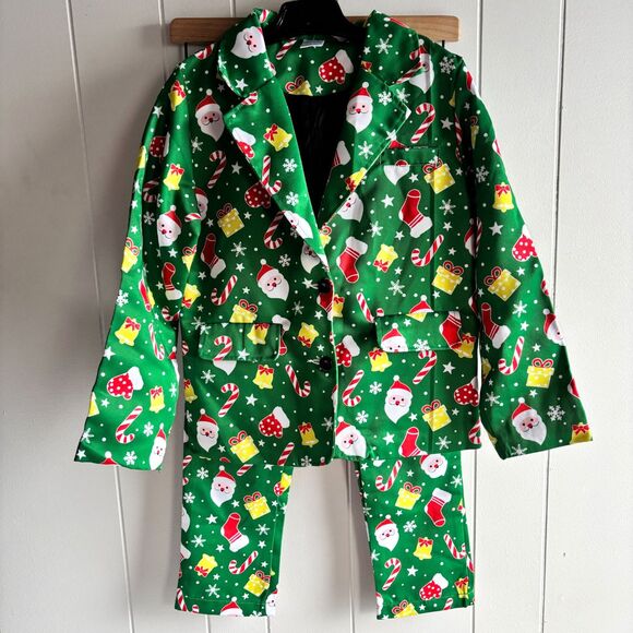 Boys M 8/10 Green Christmas Santa Print 2-Piece Holiday Suit Jacket & Pants - Picture 2 of 11